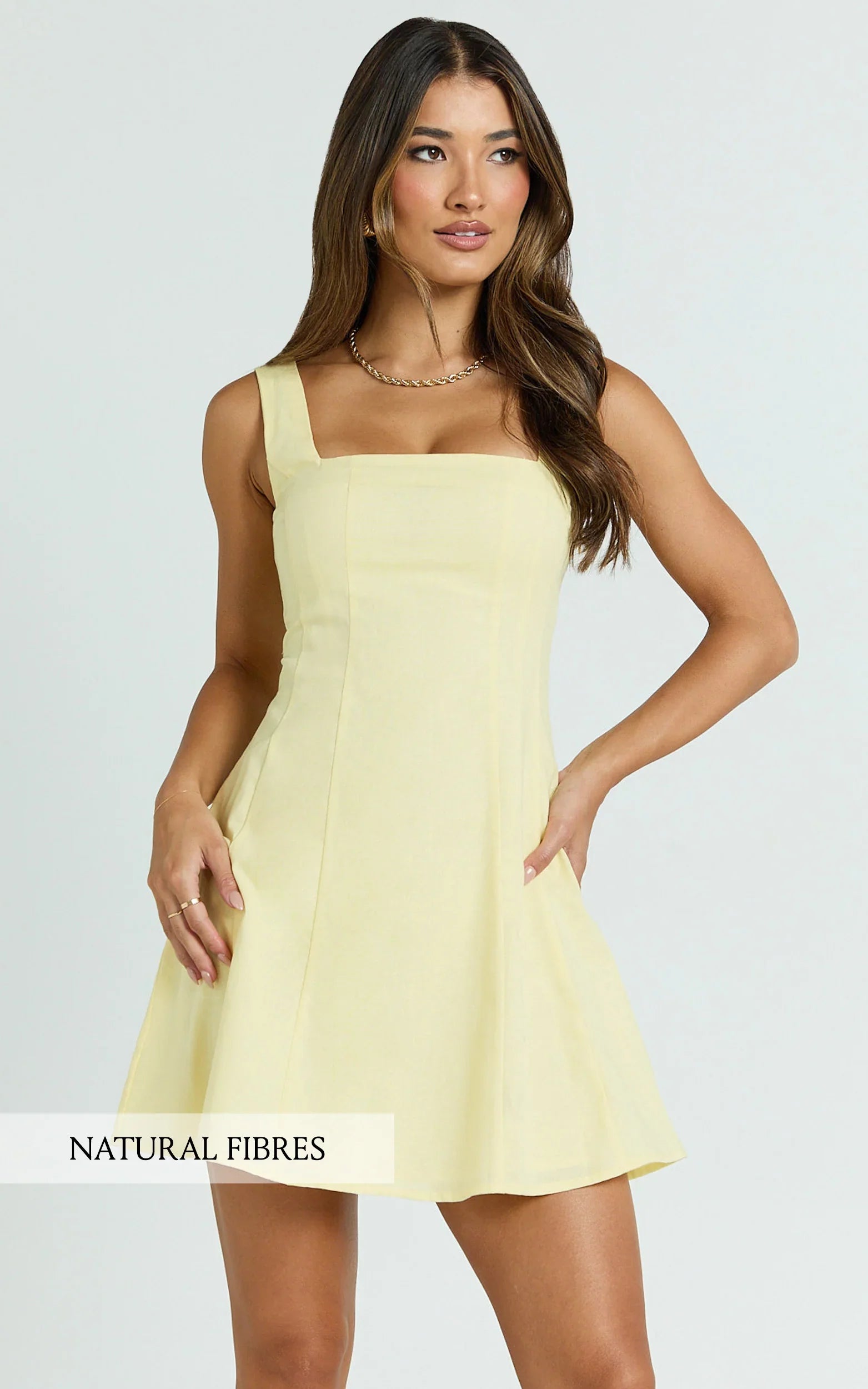 Adiana Mini Dress Linen Square Neck Shirred Back A Line Dress in Lemon