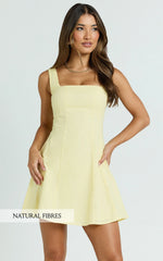 Adiana Mini Dress Linen Square Neck Shirred Back A Line Dress in Lemon