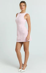 Olenna Mini Dress High Neck Fitted Denim Dress in Pink