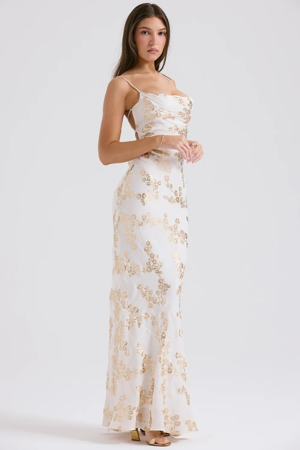 white gold jacquard satin gown