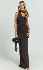 Larson Maxi Dress Asymmetric Tie Neck Column Dress in Chocolate