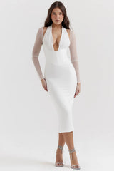 white plunge midi dress