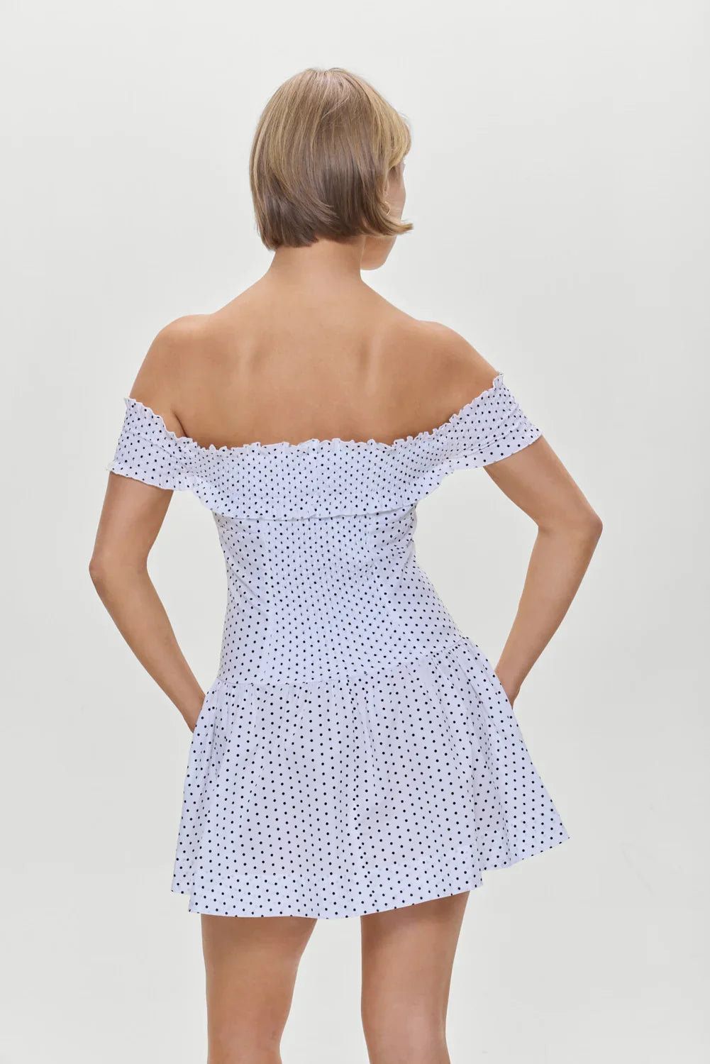 Mae Off Shoulder Mini Dress White Polka Dot