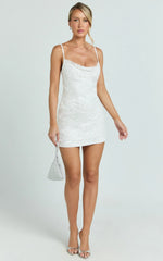 Alana Mini Dress Sequin Lace Cowl Neck Dress in White