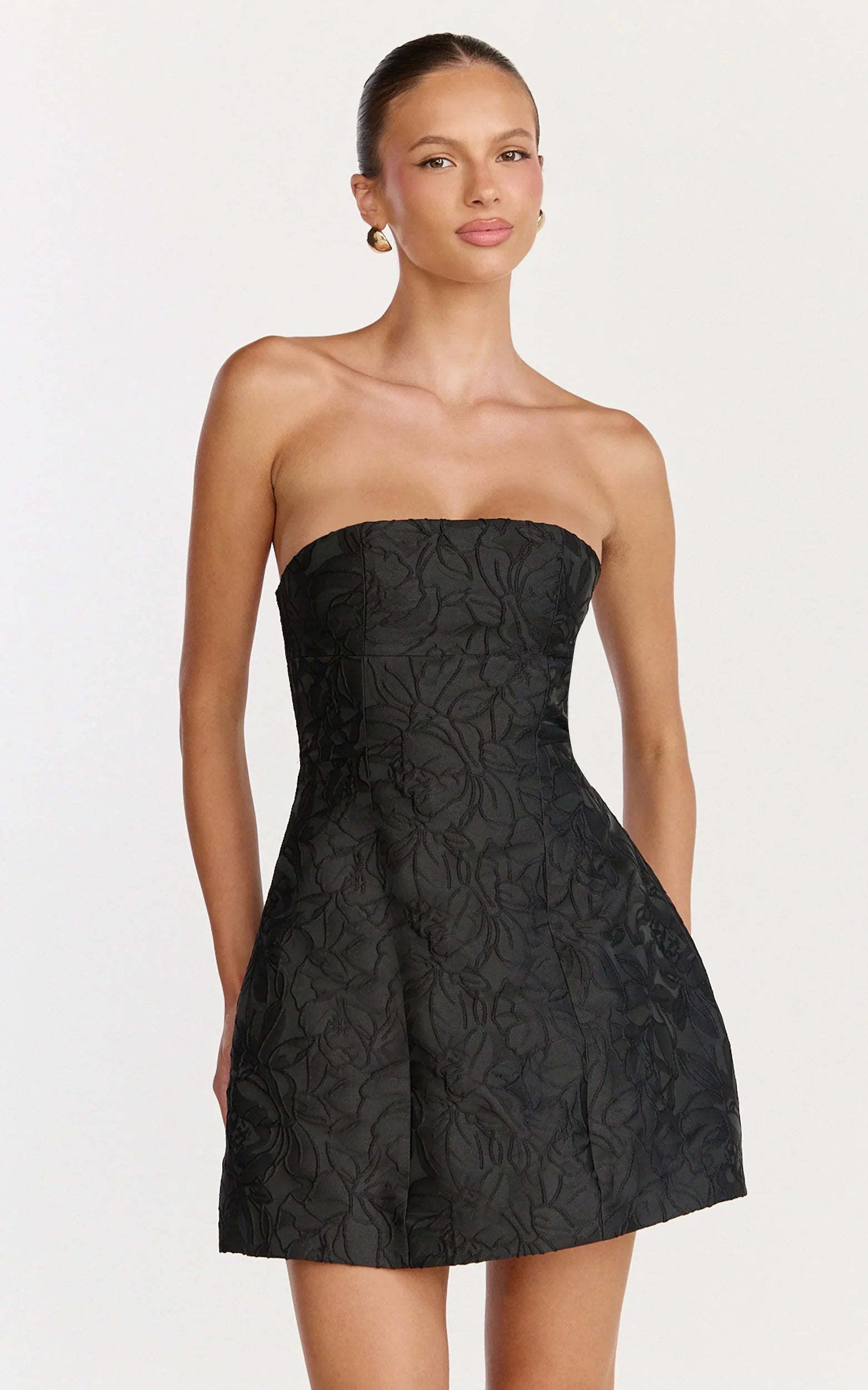Rosalie Mini Dress Strapless Jacquard Floral Mini Dress in Black