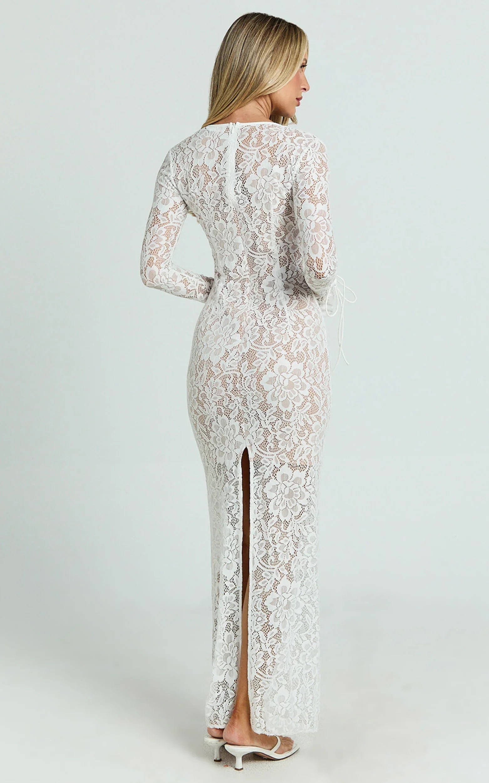 Paula Maxi Dress Lace V Neck Long Sleeve Column Dress in White