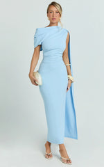 Visenta Midi Dress Asymmetrical Sleeve Dress in Blue