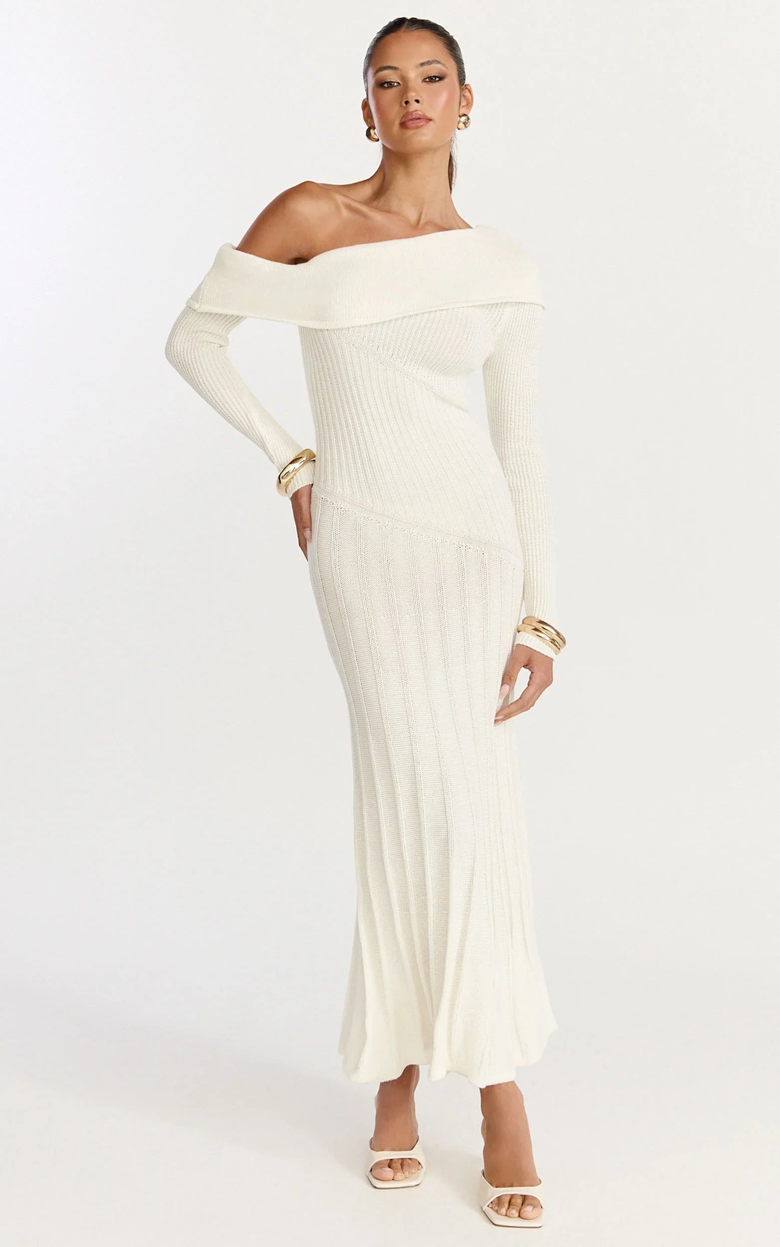 Elaine Midi Dress Knit Off Shoulder Asymmetric Panel Dress in Cream