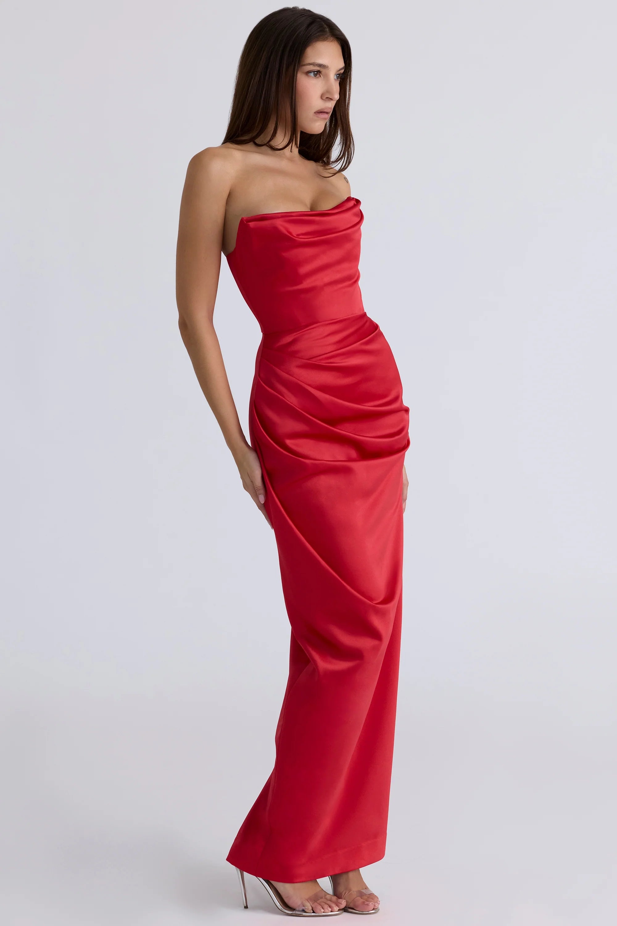 scarlet satin strapless gown