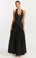 Calla Maxi Dress Halter Neck Asymmetric Dropped Waist Dress in Black