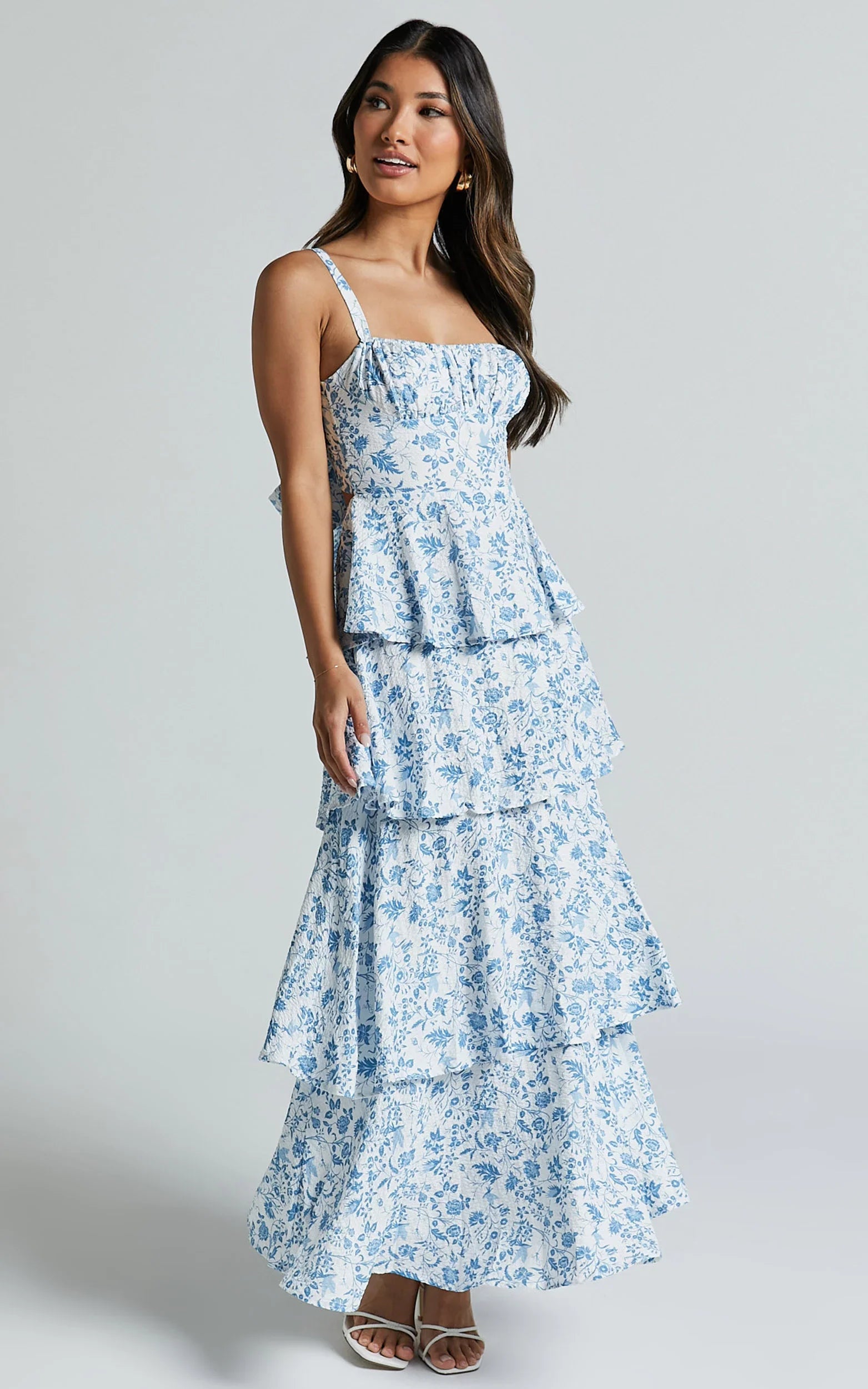 Lorma Midi Dress Ruched Layered Dress in Blue Floral