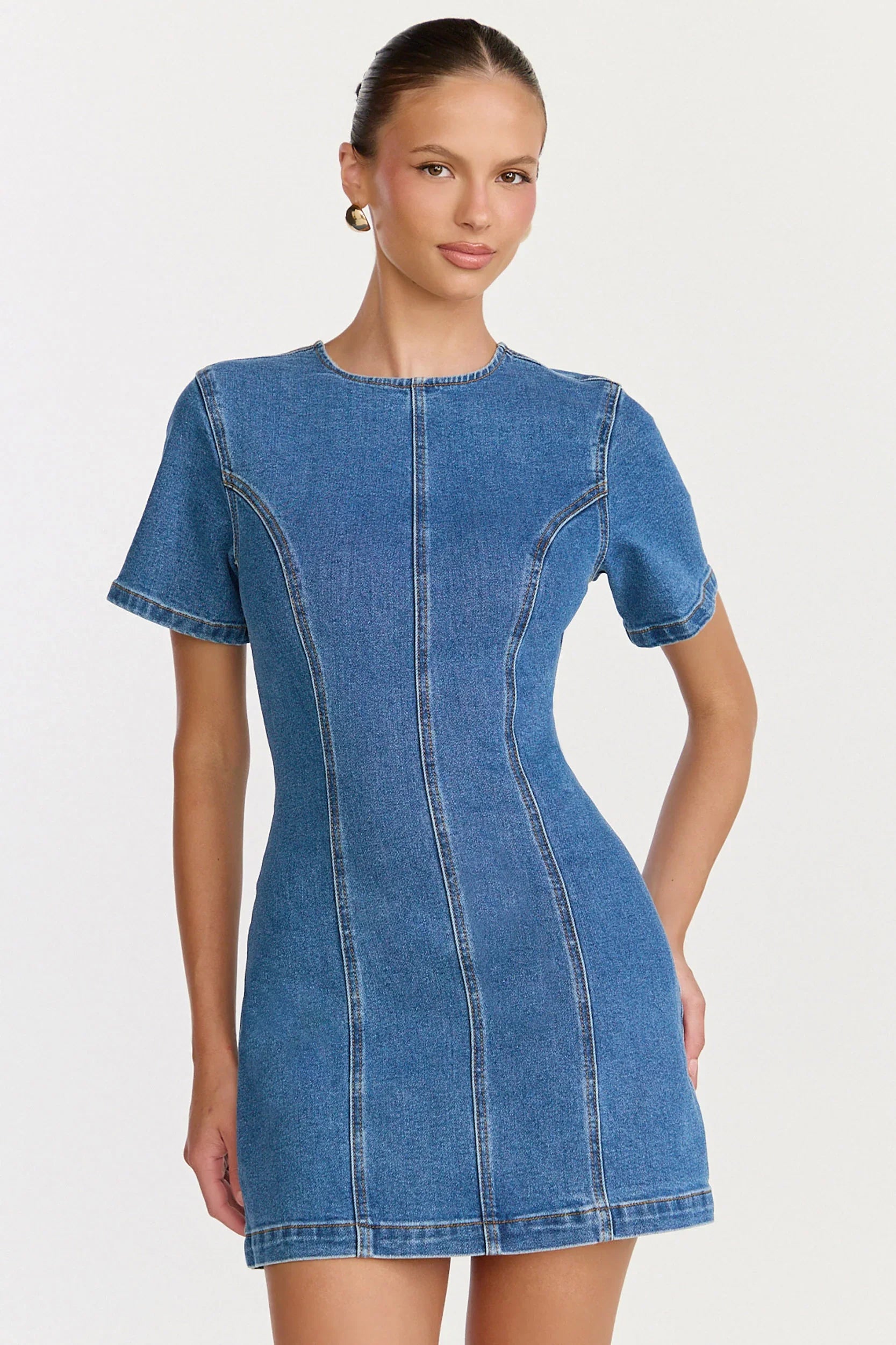 Camellia Mini Dress High Neck A Line Dress in Mid Blue Wash