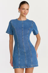 Camellia Mini Dress High Neck A Line Dress in Mid Blue Wash