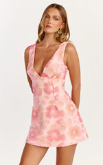 Lima Mini Dress Plunge Neck Floral Embellished A Line Dress in Pink