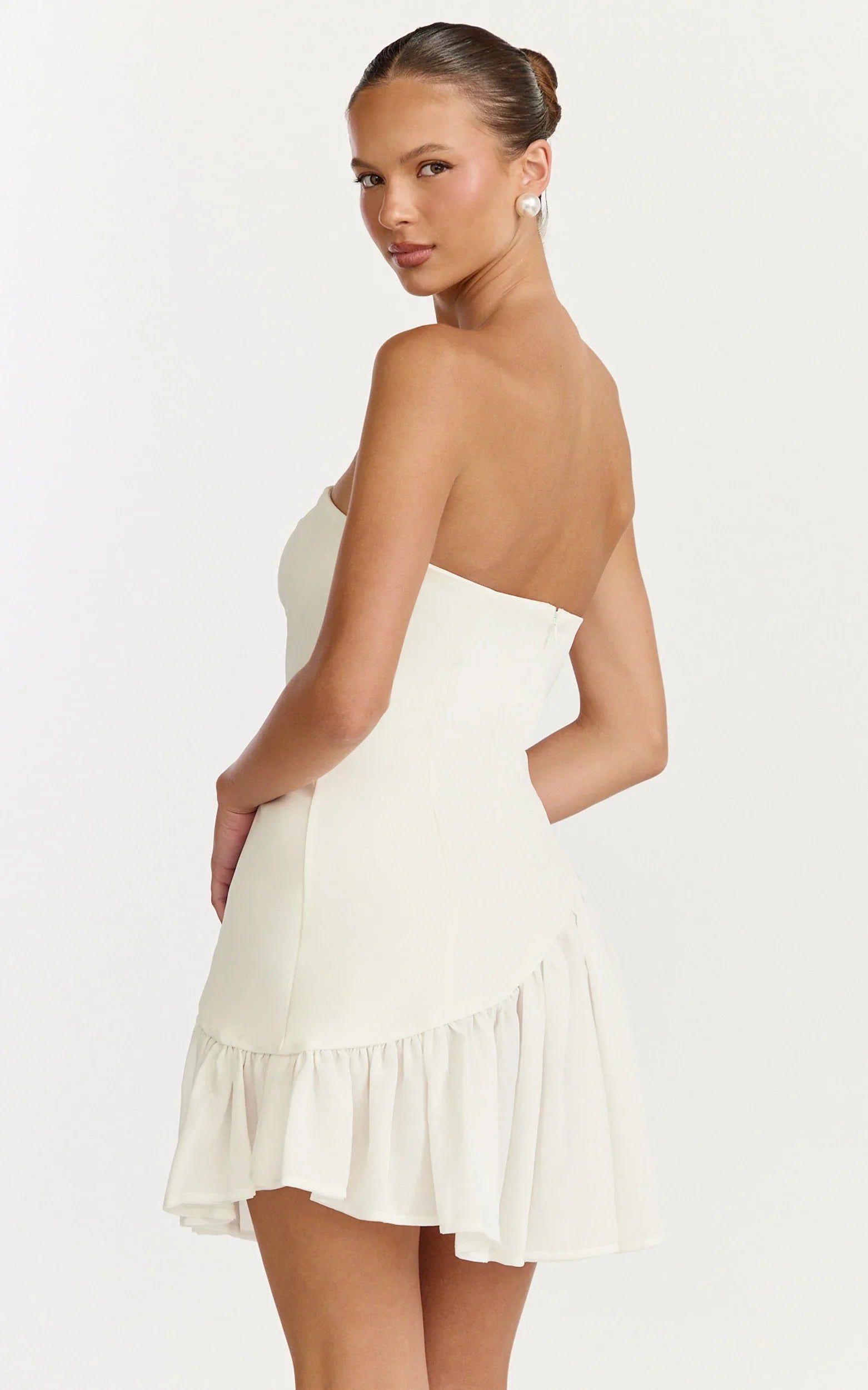 Calla Mini Dress Strapless Gathered Asymmetric Dropped Waist Dress in White