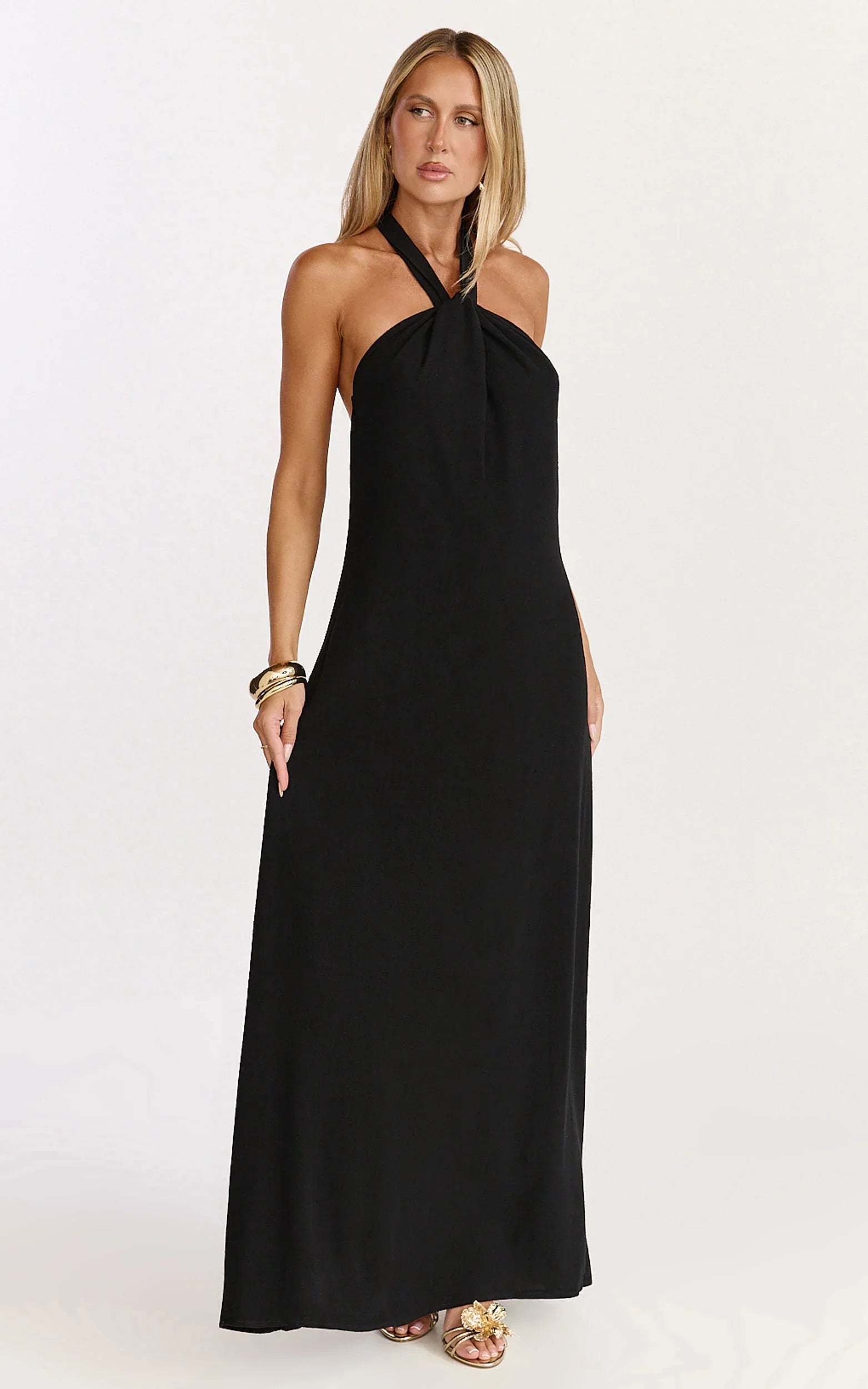 Hilda Maxi Dress Knot Detail Halter Neck Maxi Dress in Black