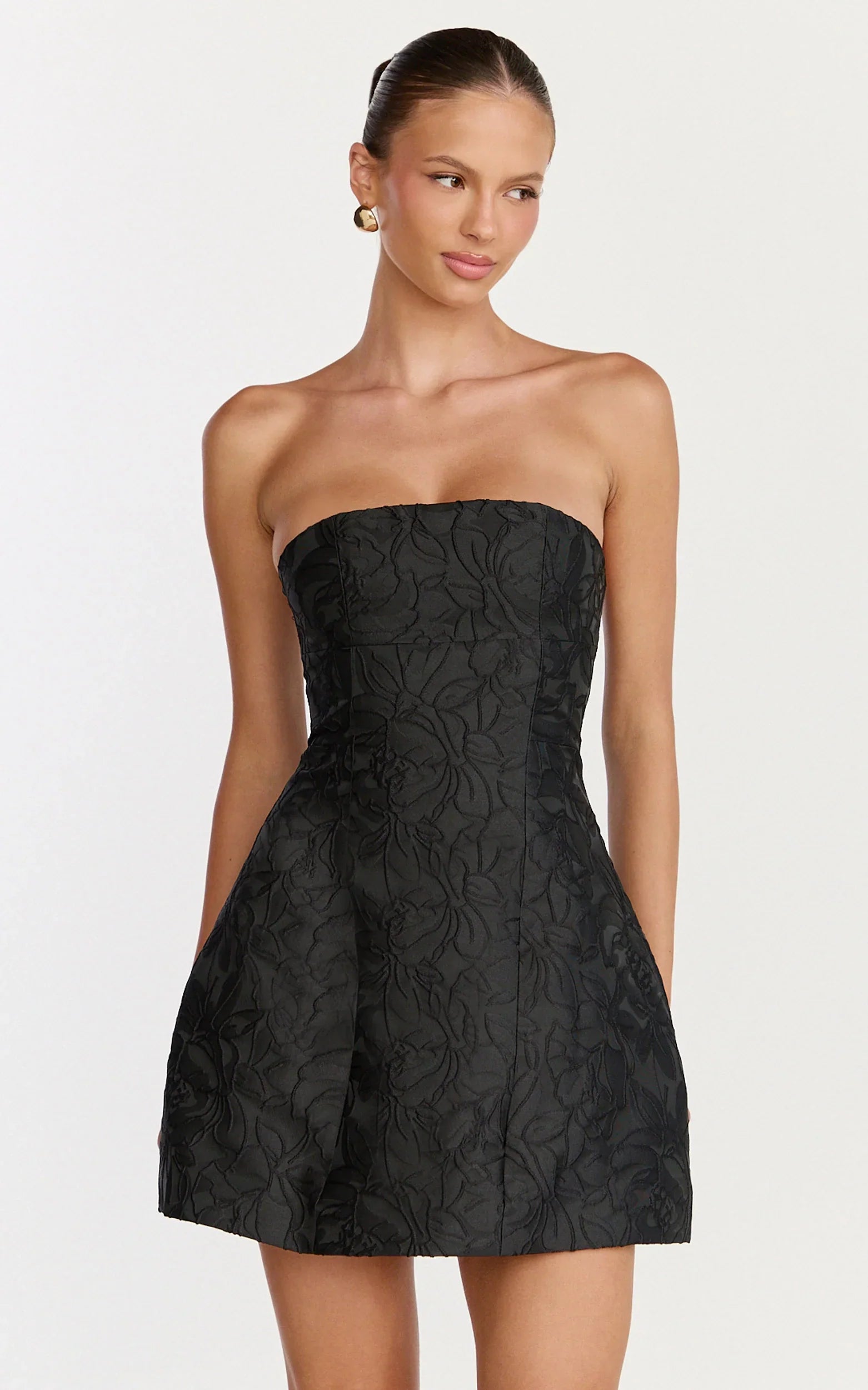 Rosalie Mini Dress Strapless Jacquard Floral Mini Dress in Black