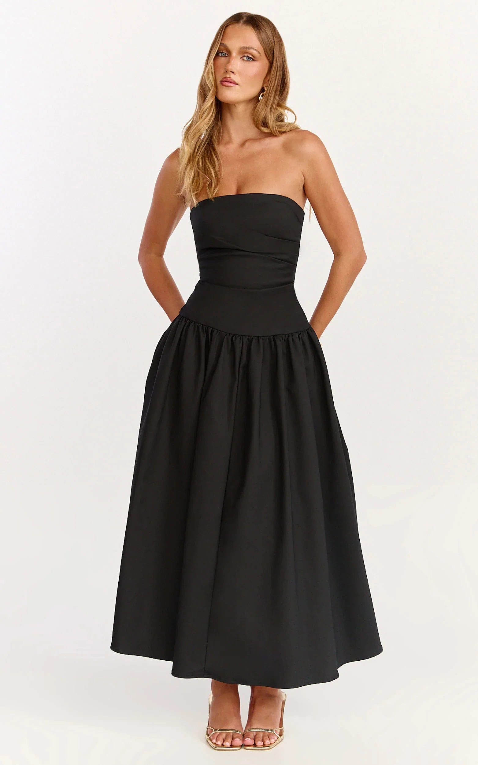 Louisa Maxi Dress Strapless Side Ruched Dropped Waist Fit And Flare Dress in Black