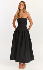Louisa Maxi Dress Strapless Side Ruched Dropped Waist Fit And Flare Dress in Black