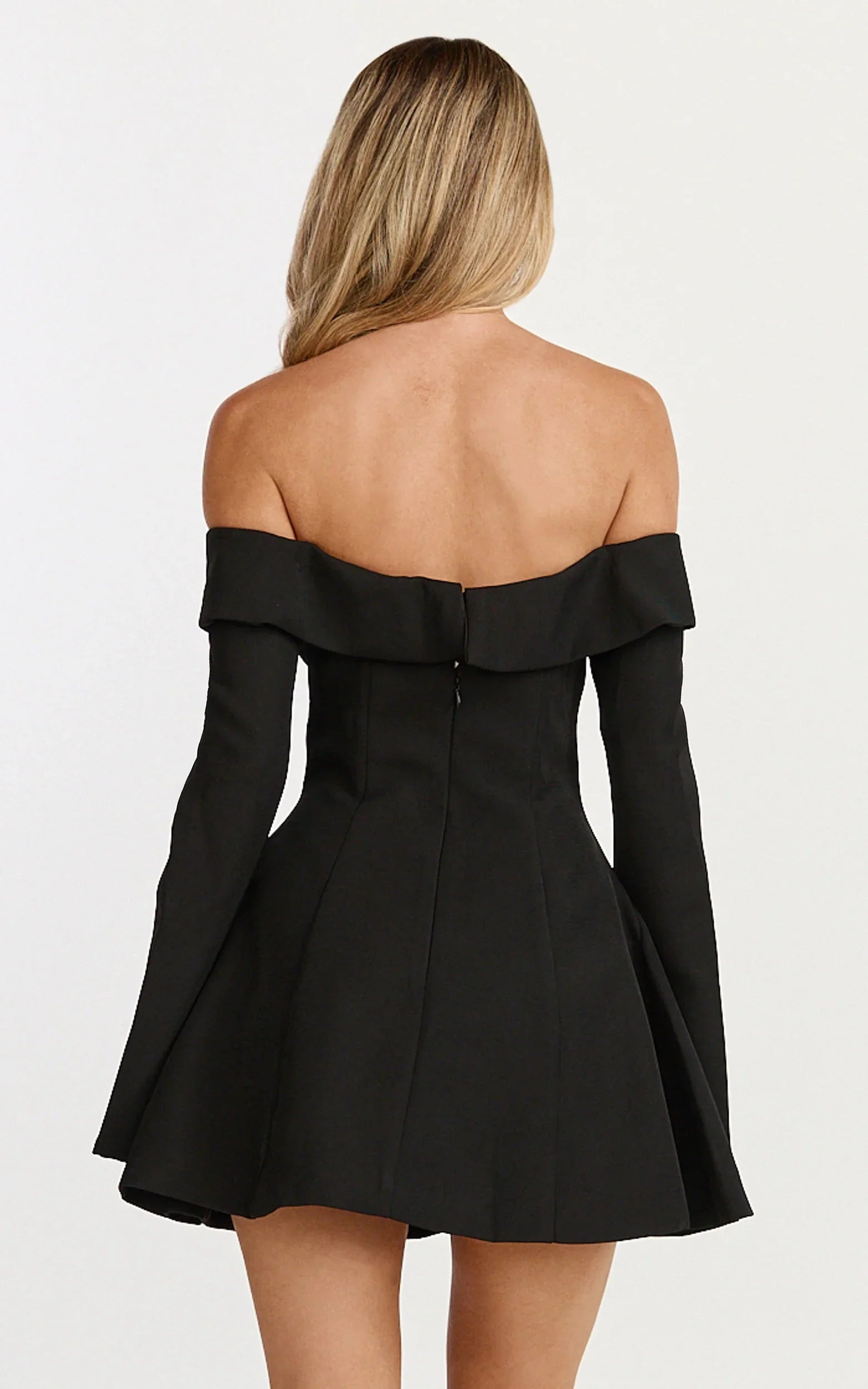 Collette Mini Dress Off Shoulder Long Sleeve Godet Flare Dress in Black