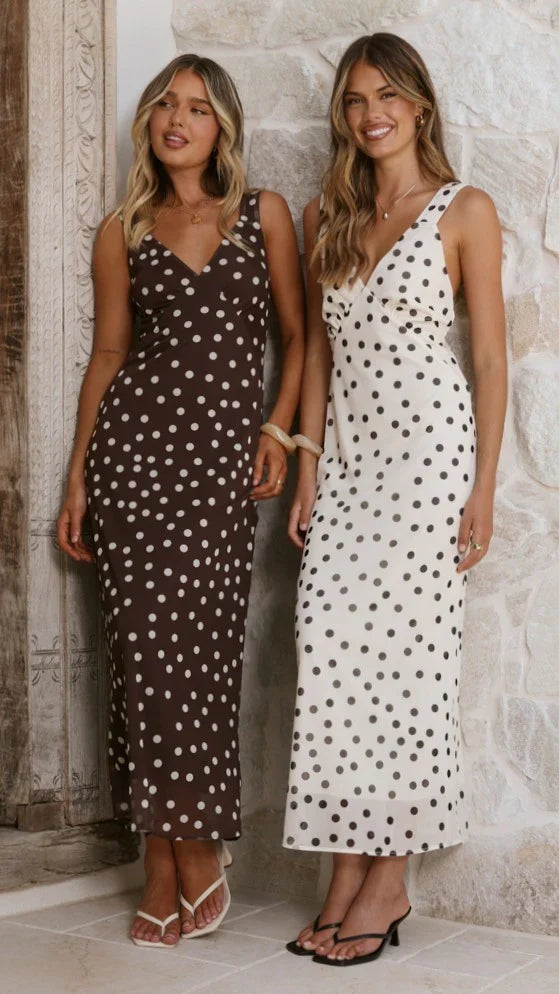 Cassara Maxi Dress Chocolate White Polka Dot