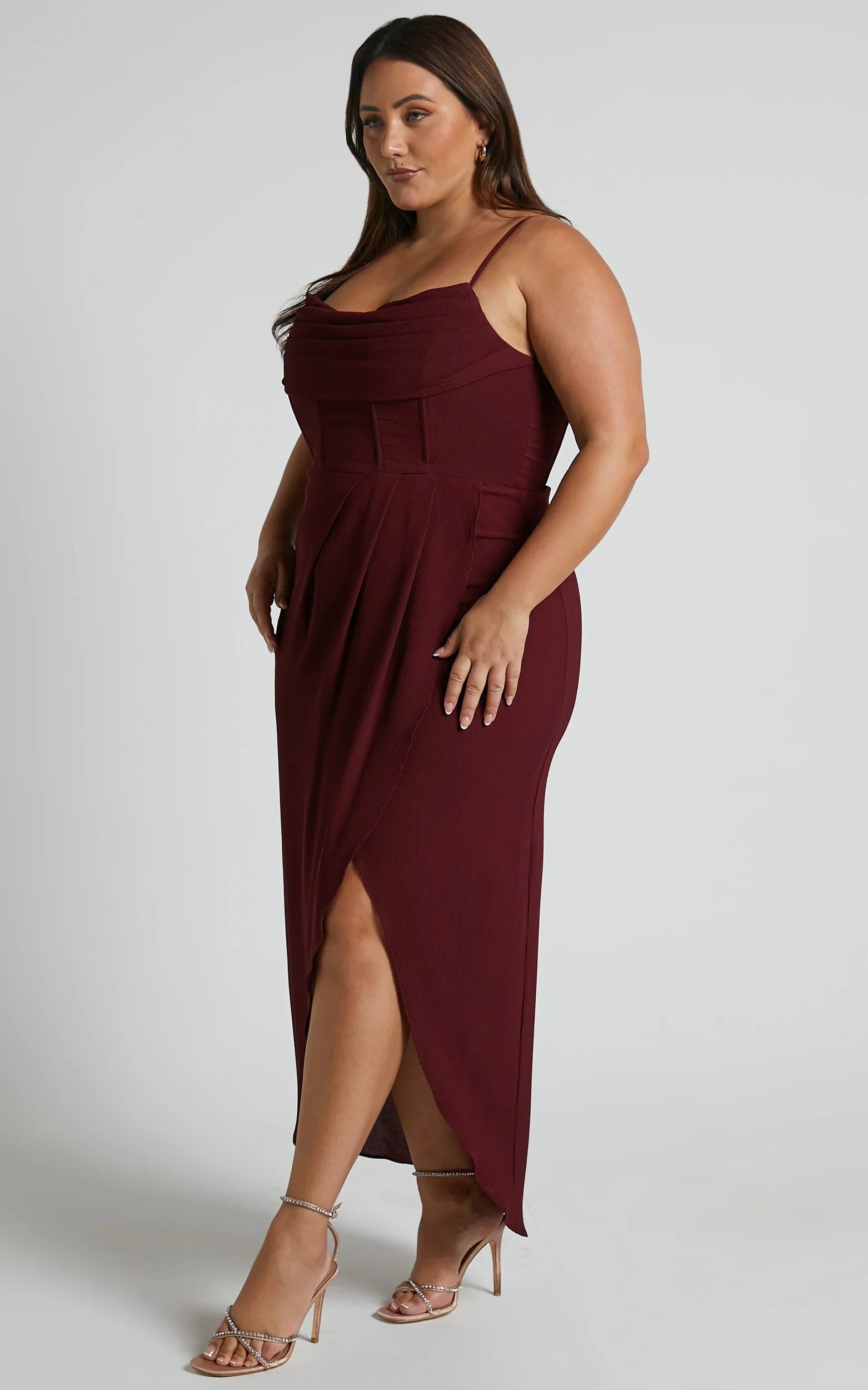 Andrina Midi Dress High Low Wrap Corset Dress in Wine