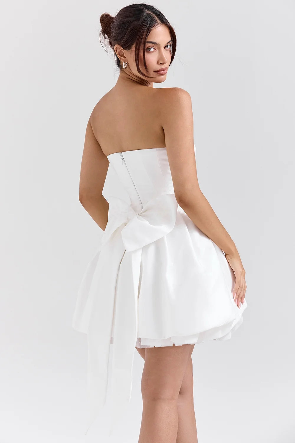 white satin strapless bow mini gown