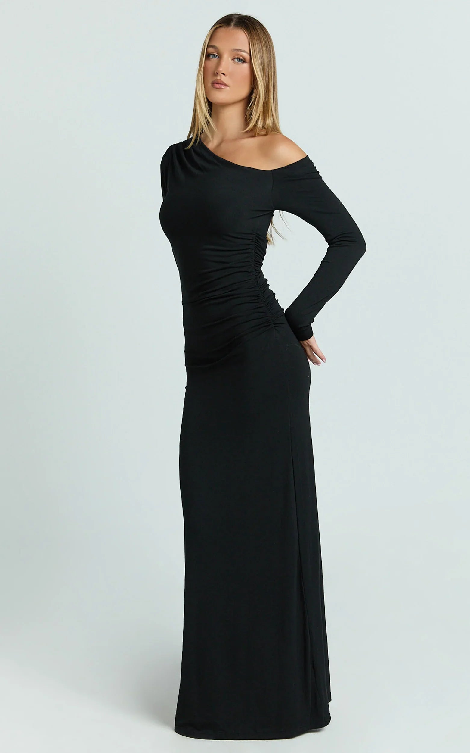 Milly Maxi Dress Asymmetrical Off Shoulder Long Sleeve Side Ruching Maxi Dress in Black