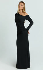 Milly Maxi Dress Asymmetrical Off Shoulder Long Sleeve Side Ruching Maxi Dress in Black