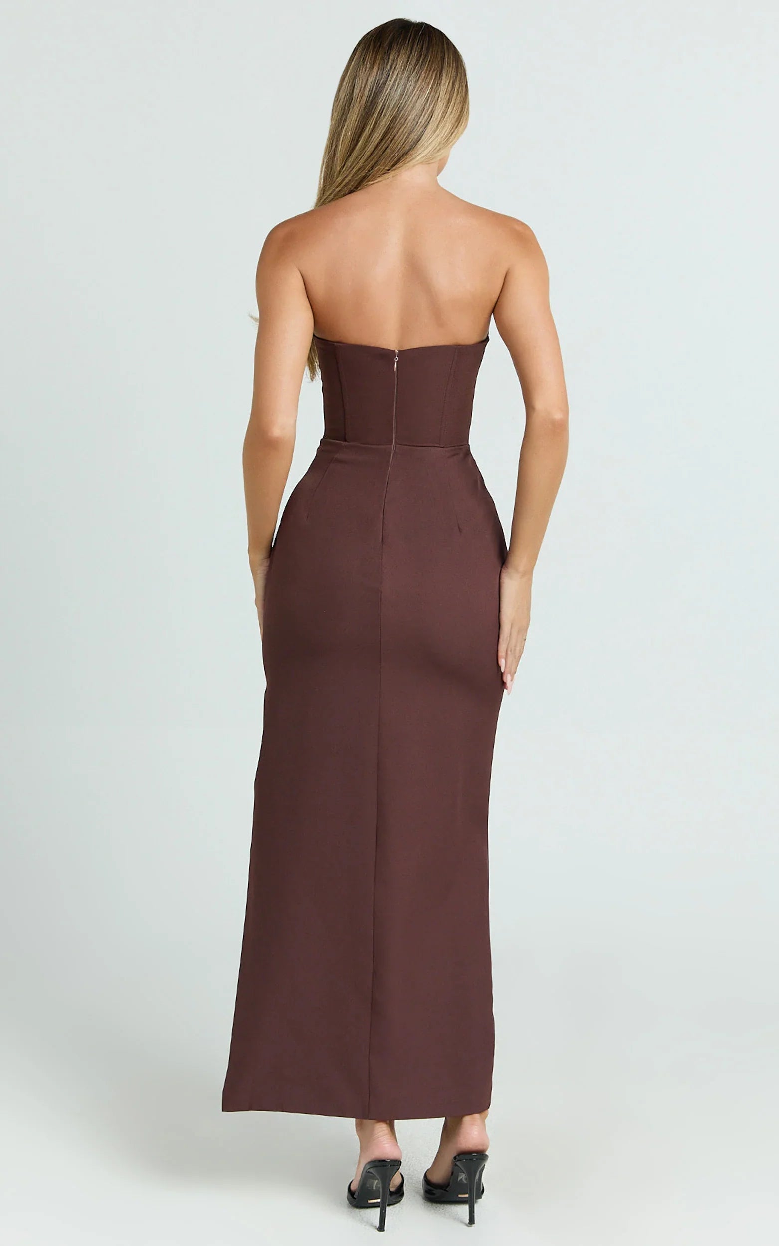 Avery Midi Dress Strapless Draped Side Split Dress in Chocolate
