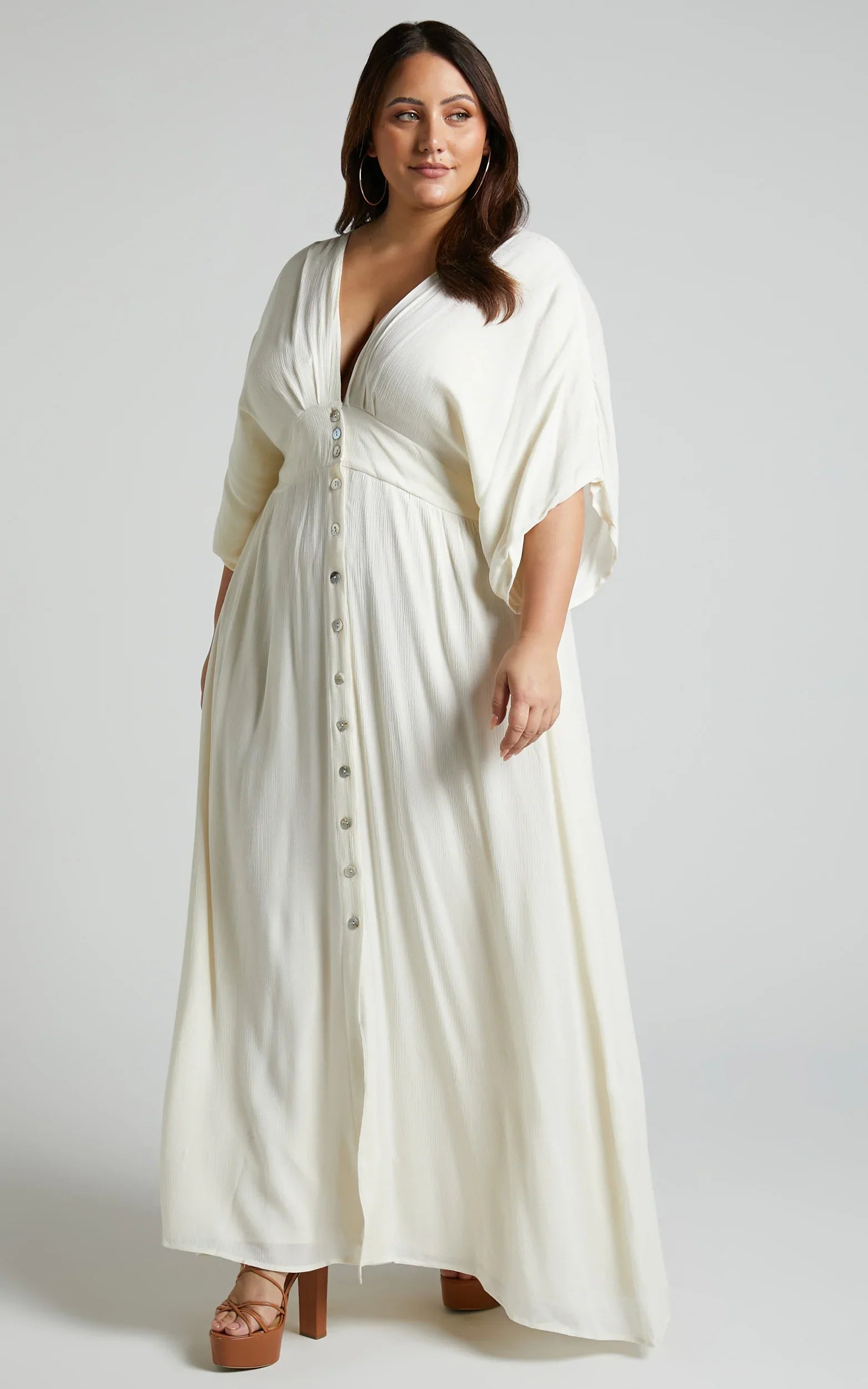 Sitting Pretty Maxi Dress Short Sleeve Button Down Dress in Natural