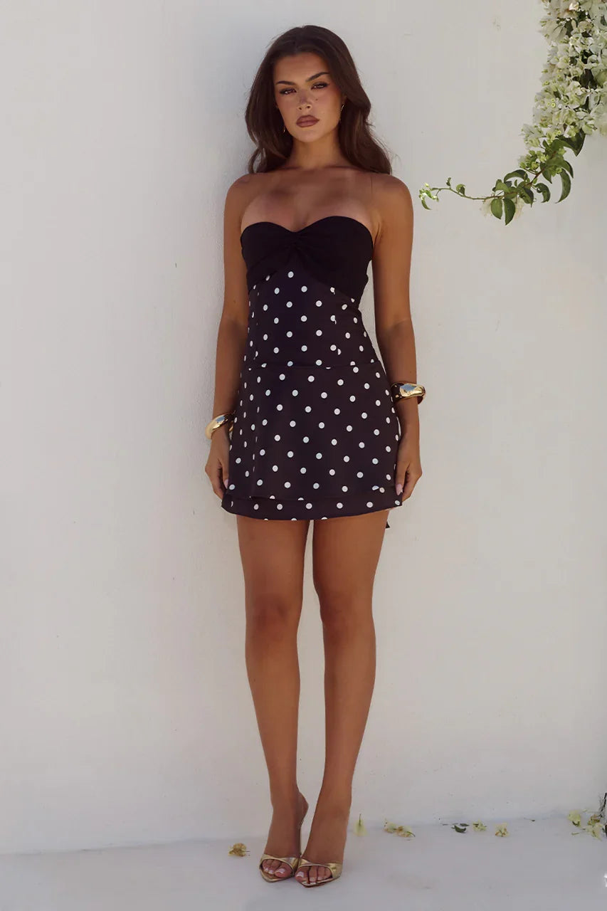 KADIE OFF SHOULDER MINI DRESS BLACK WHITE POLKA