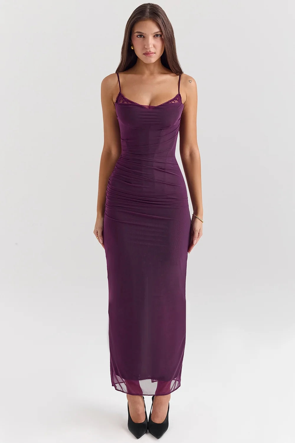 grape mesh corset maxi dress