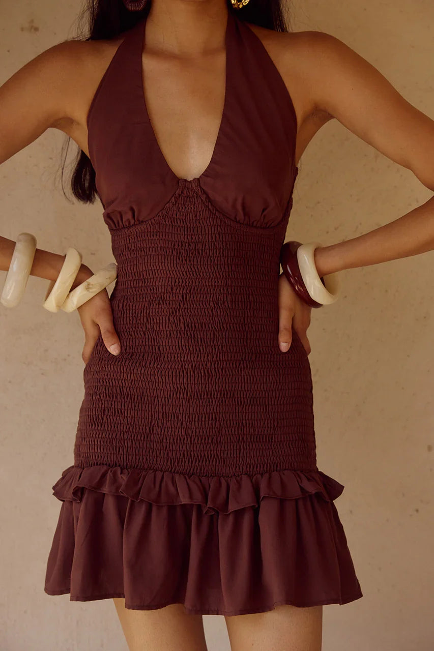 FLEUR SHIRRED HALTER MINI DRESSS CHOCOLATE
