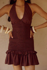 FLEUR SHIRRED HALTER MINI DRESSS CHOCOLATE