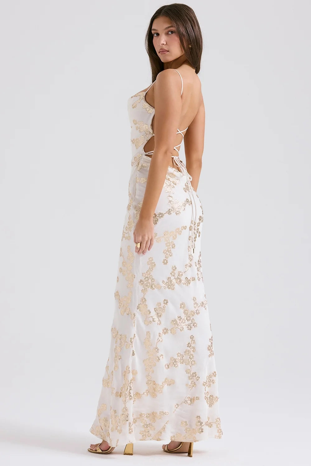 white gold jacquard satin gown