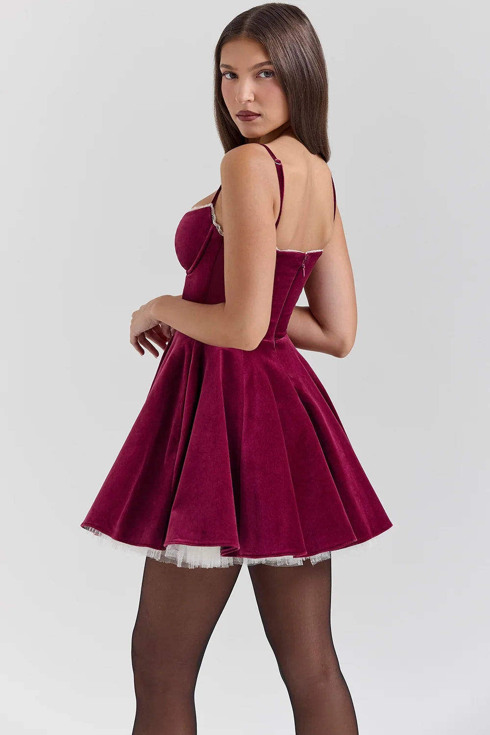 burgundy velvet tulle mini dress