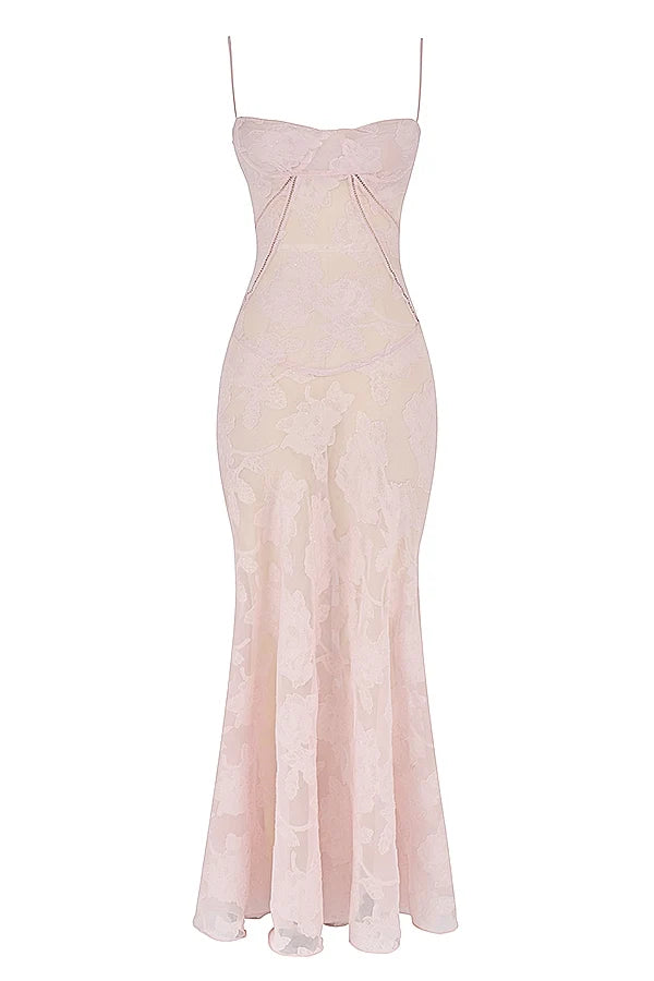 soft pink floral lace back maxi dress