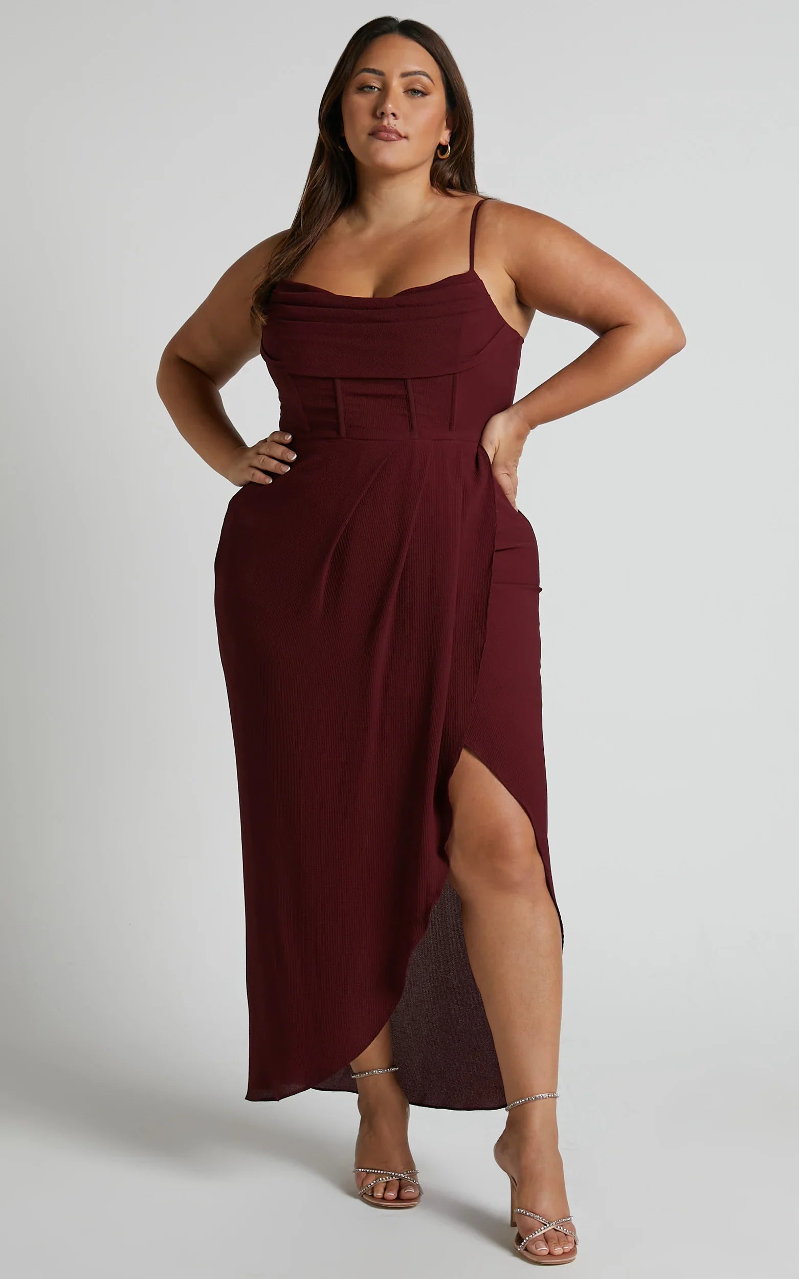 Andrina Midi Dress High Low Wrap Corset Dress in Wine