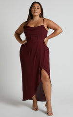 Andrina Midi Dress High Low Wrap Corset Dress in Wine