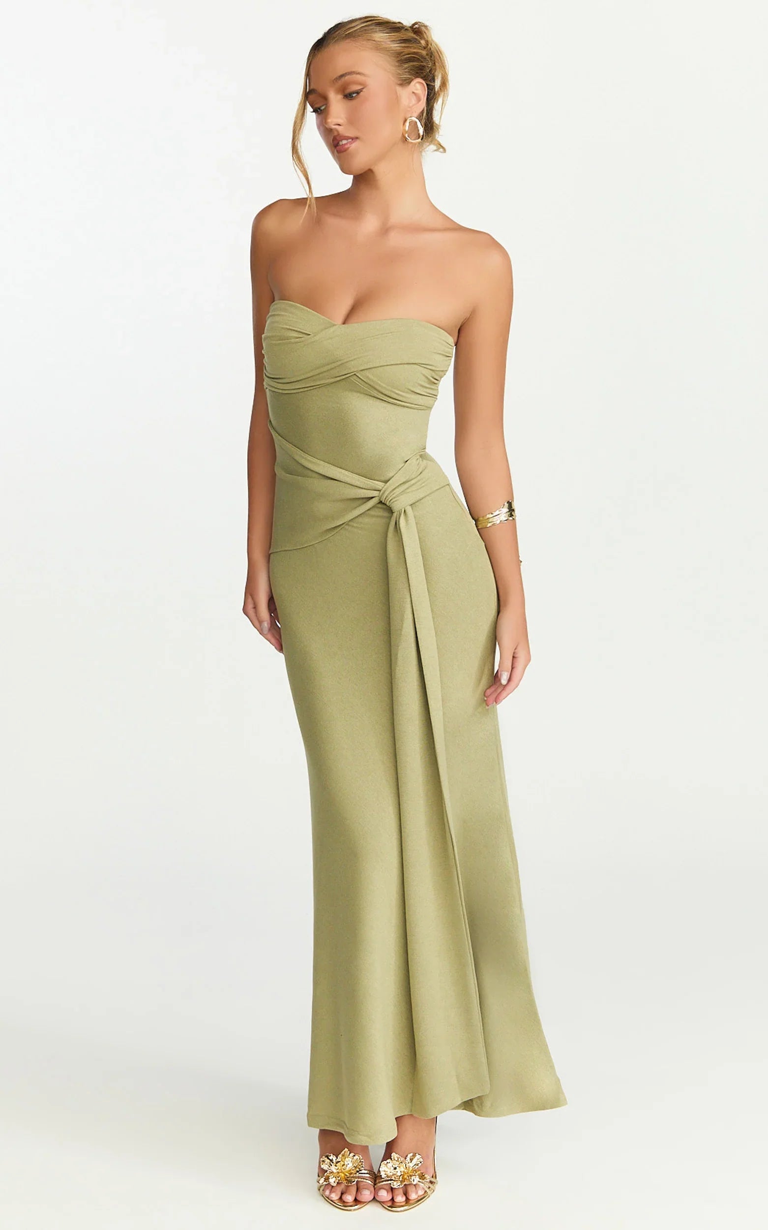 Aria Maxi Dress Strapless Tie Waist Dress in Sage