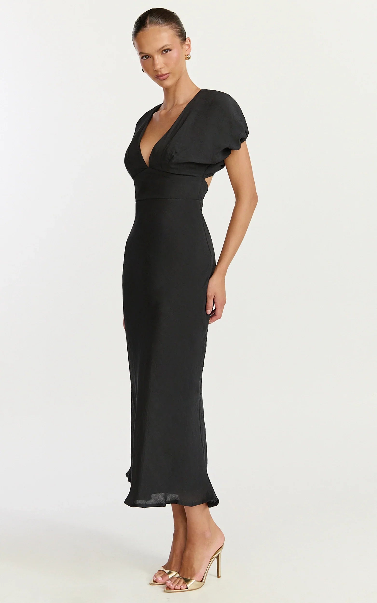 Desiree Midi Dress V Neck Flutter Short Sleeve Slip Dress in Black
