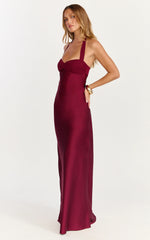Flynn Maxi Dress Satin Halter Sweetheart Neck Dress in Wine