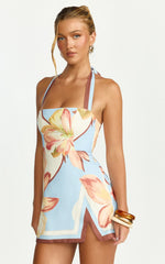 Robyn Mini Dress Square Neck Halter Neck Faux Wrap Dress in Retro Flower Border Print