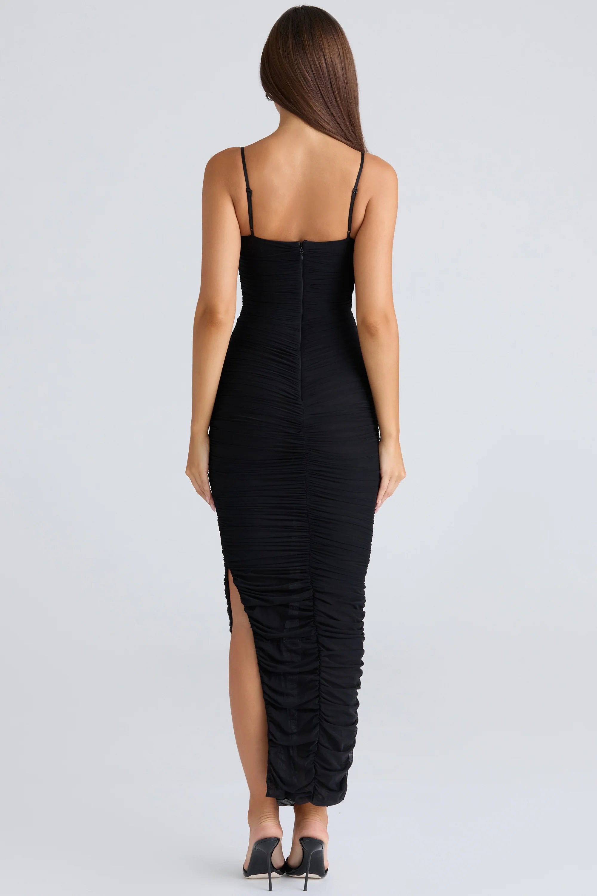 black gathered stretch mesh maxi dress