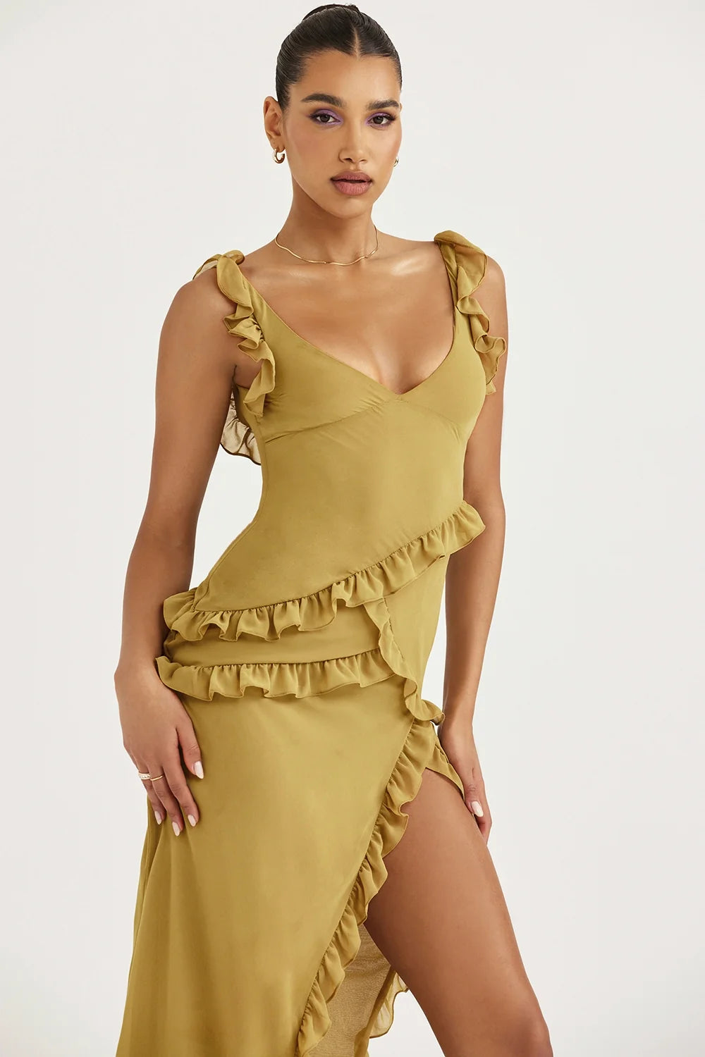 olive ruffle maxi dress