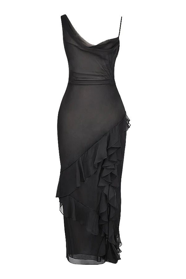 black ruffle maxi dress