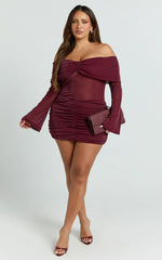 Rumi Mini Dress Glitter Tulle Off Shoulder Ruched Dress in Wine