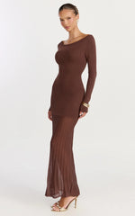 Delphine Maxi Dress Long Sleeve Knit Sheer Pleated Skirt Maxi Dress in Chocolate