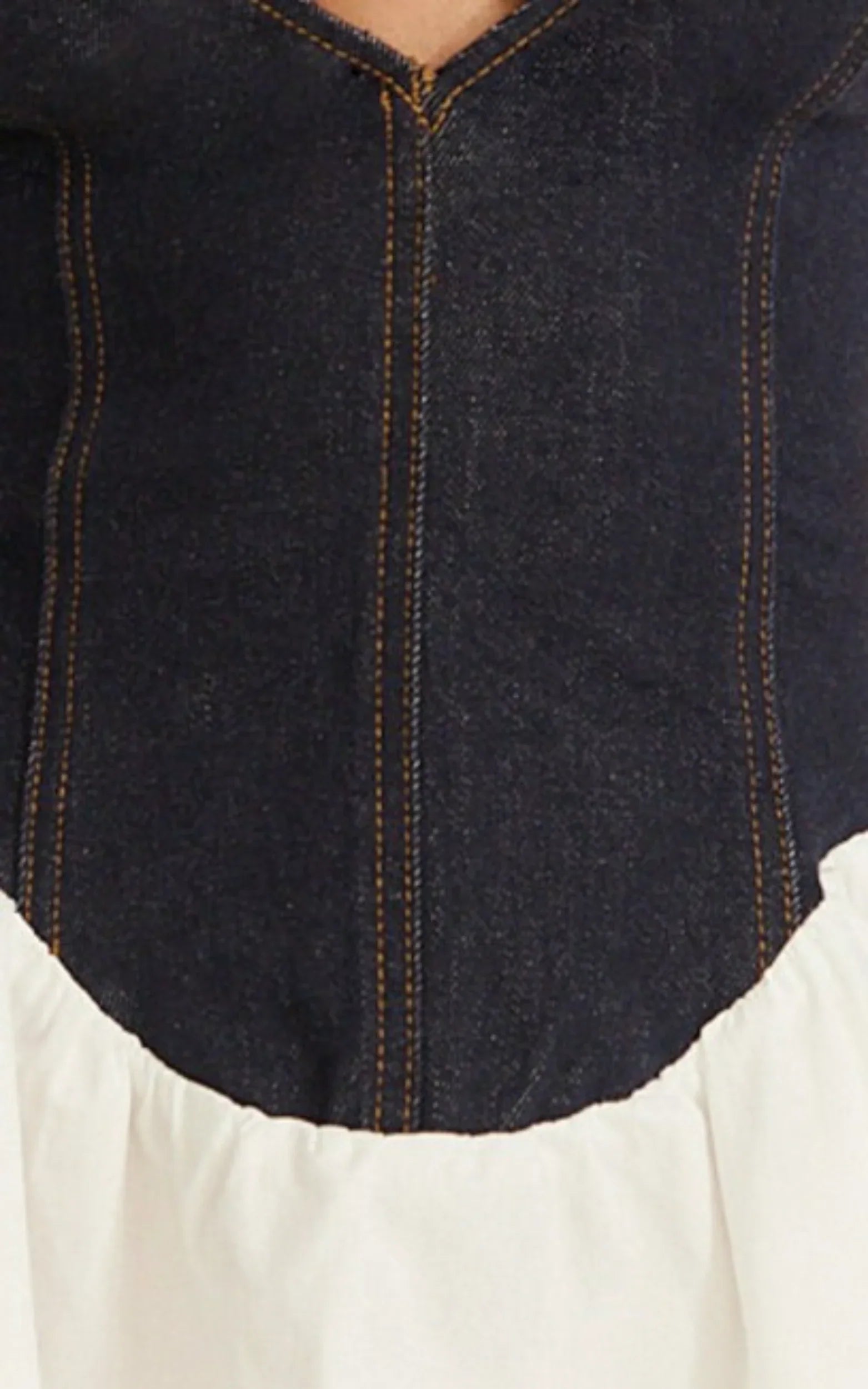 Schiffer Mini Dress Low Cut Notch Neck Contrast Denim Mini Dress in Raw